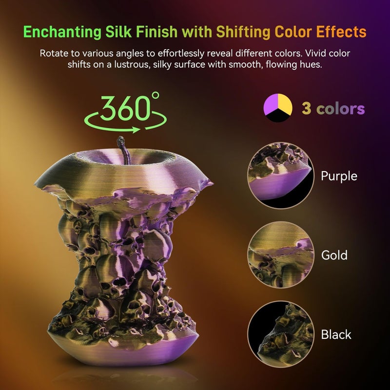 FLASHFORGE Silk Tri-Color PLA Filament 1.75mm, Coextrusion Black Gold Purple Triple Color Rainbow 3D Printer Filament, Enchanting Silk Finish with 360° Multicolor Shifting Color Effect - Image 3